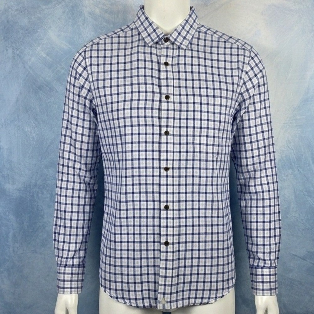 UNTUCKit Mens Medium 100% Linen Blue White Check Long Sleeve Button Down Shirt